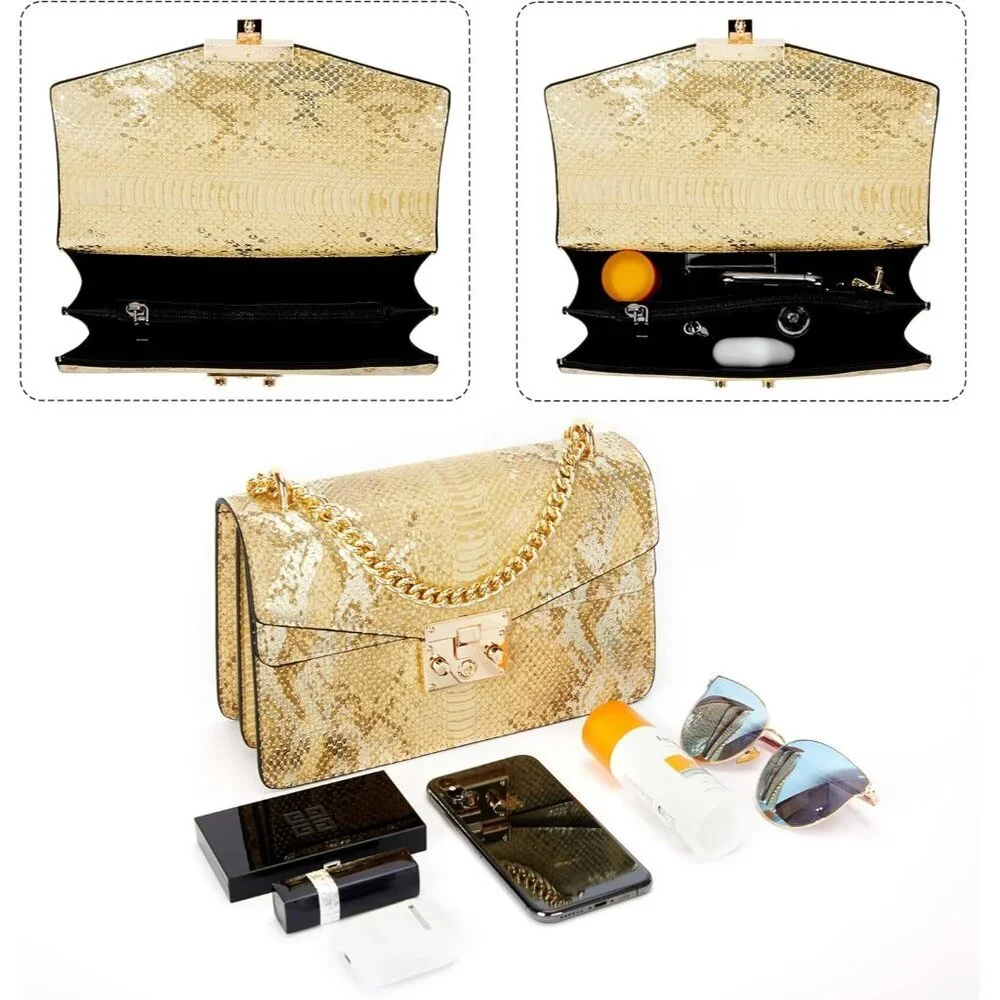⚡ Women's Fashion Snake Gold Vegan Leather Print Casual Satchel Crossbody Bag